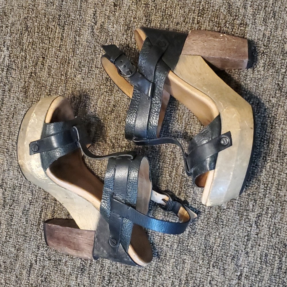 ALL SAINTS ROSALINA black leather wood platform heels sandals strappy 9